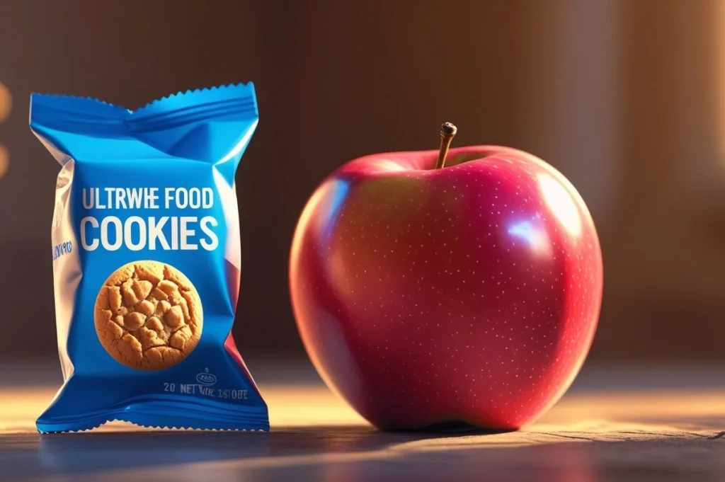 Comparación de una manzana fresca y una galleta empaquetada para ilustrar la diferencia entre alimentos naturales y ultraprocesados.