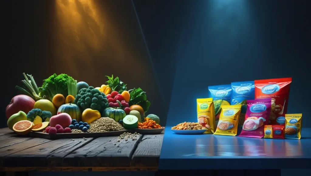 Comparación entre grasas saludables y alimentos ultraprocesados, destacando opciones recomendadas para una dieta equilibrada."