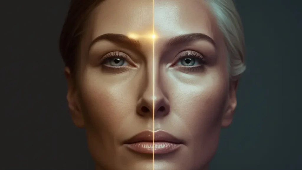 Antes y después del rejuvenecimiento facial con piel más tersa y luminosa.