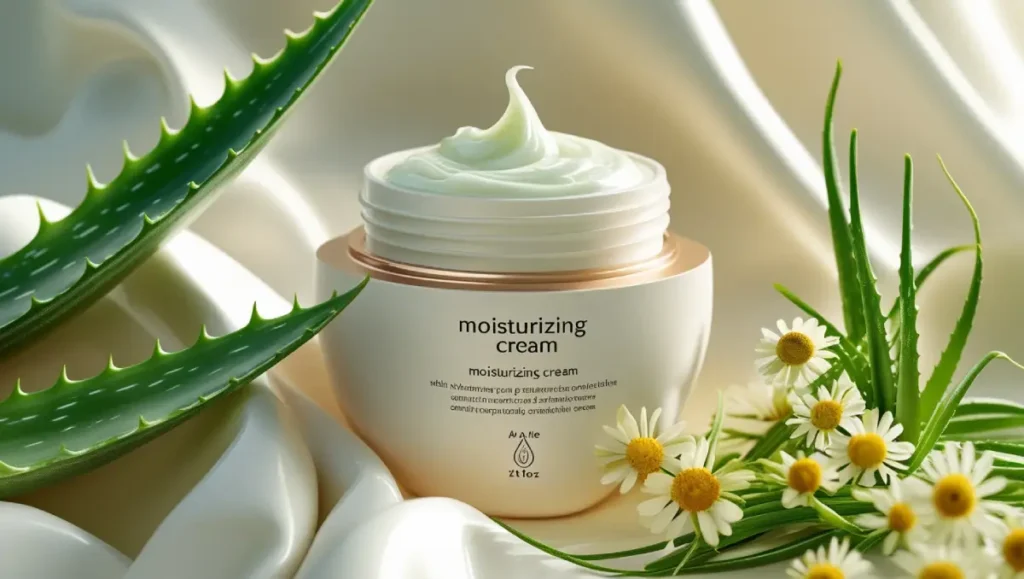 Un tarro de crema hidratante con ingredientes naturales como aloe vera y manzanilla, ideal para piel sensible