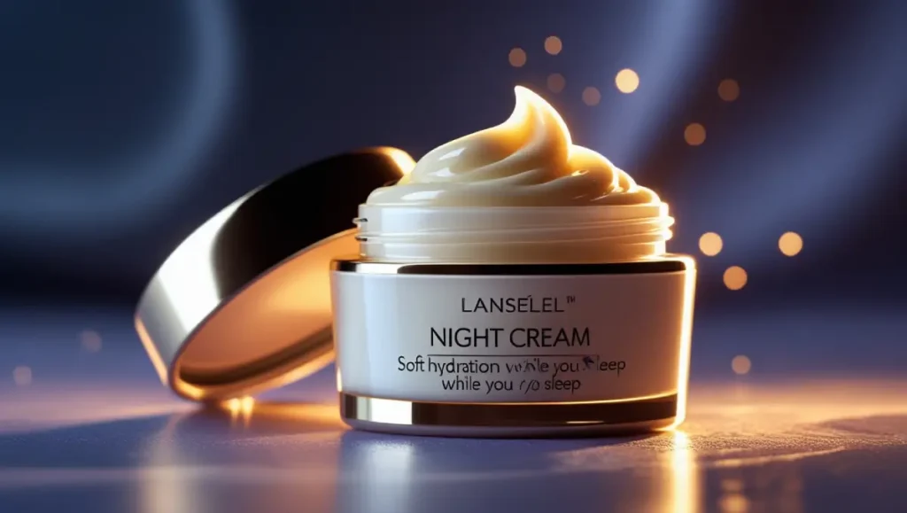 Crema de noche sobre una mesita con luz tenue, representando la hidratación nocturna y regeneración de la piel