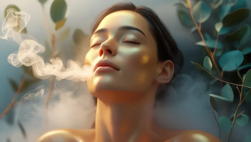 Persona inhalando vapor de agua con eucalipto en un recipiente.