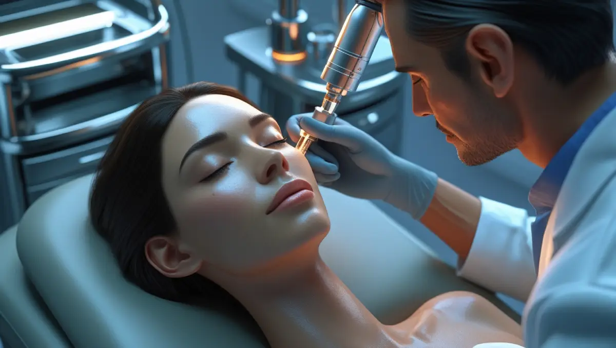 Mujer recibiendo tratamiento con láser fraccional de CO2 en una clínica dermatológica"
