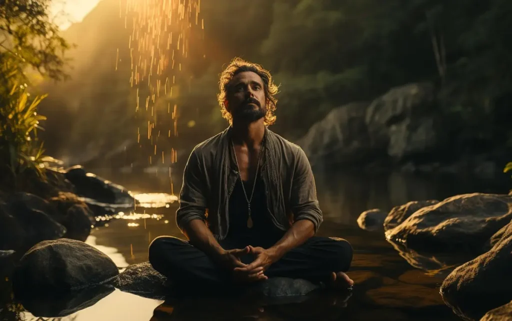 Persona meditando al aire libre con una expresión de calma y serenidad