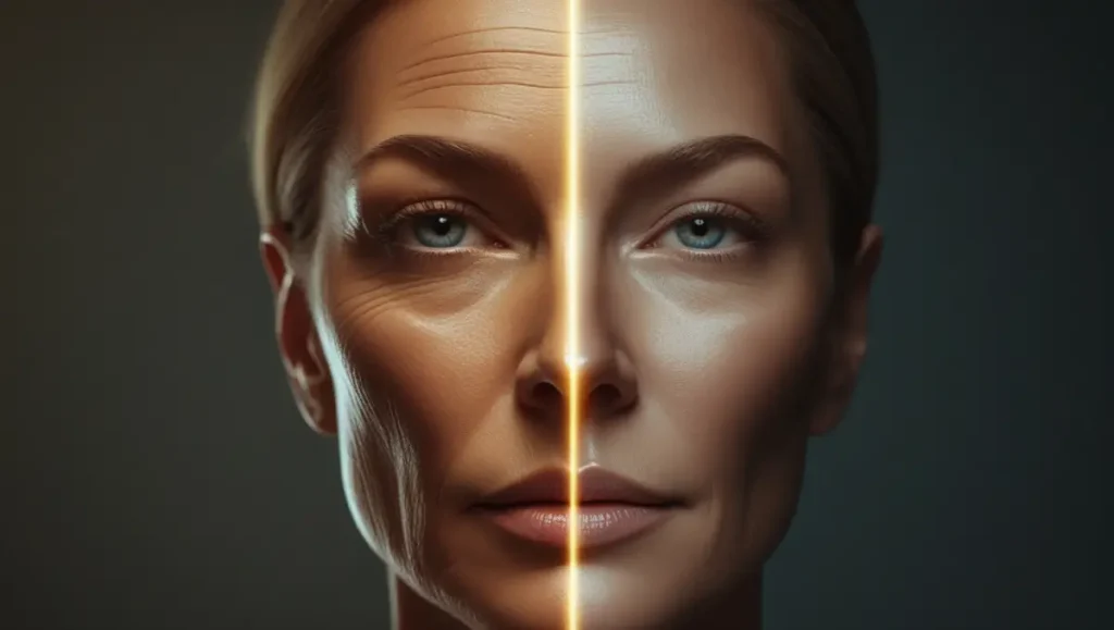 Comparación de antes y después de un tratamiento con láser fraccional de CO2 en el rostro"